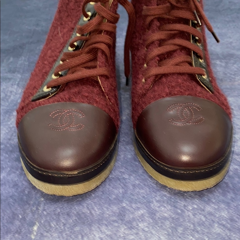 CHANEL Maroon Wool and Leather High-Tops - Picture 6 of 12